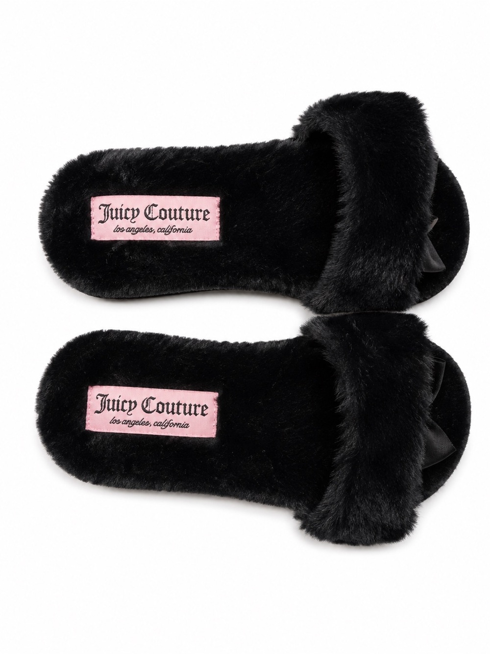 Juicy Couture Black Faux Fur Bow Slide Slippers with Rhinestone Crown - Picture 3 of 3
